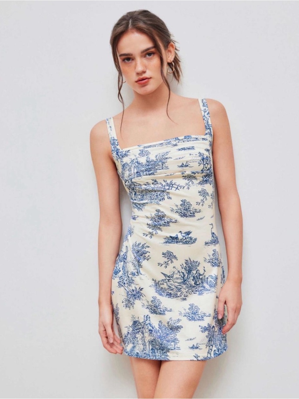 Cider Toile de Jouy Cowl Neck Mini Dress Blue White Size M